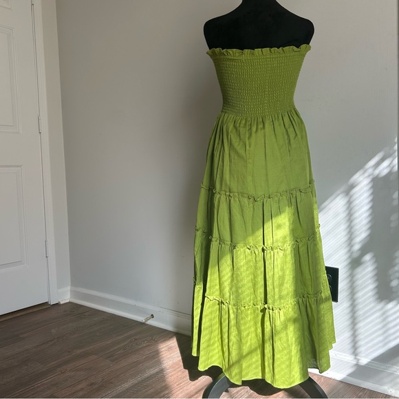 o.p.t Strapless Smocked Tiered Maxi Green Dress - Picture 2 of 3
